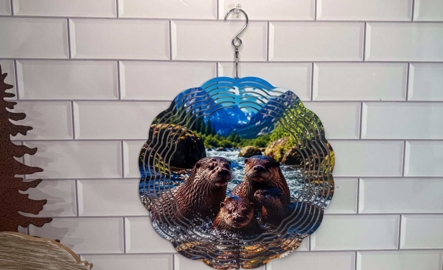 Family Otter 10 Inch Wind Spinner, Wildlife Porch Decor - 360 Swivel | Indoor Outdoor Accent