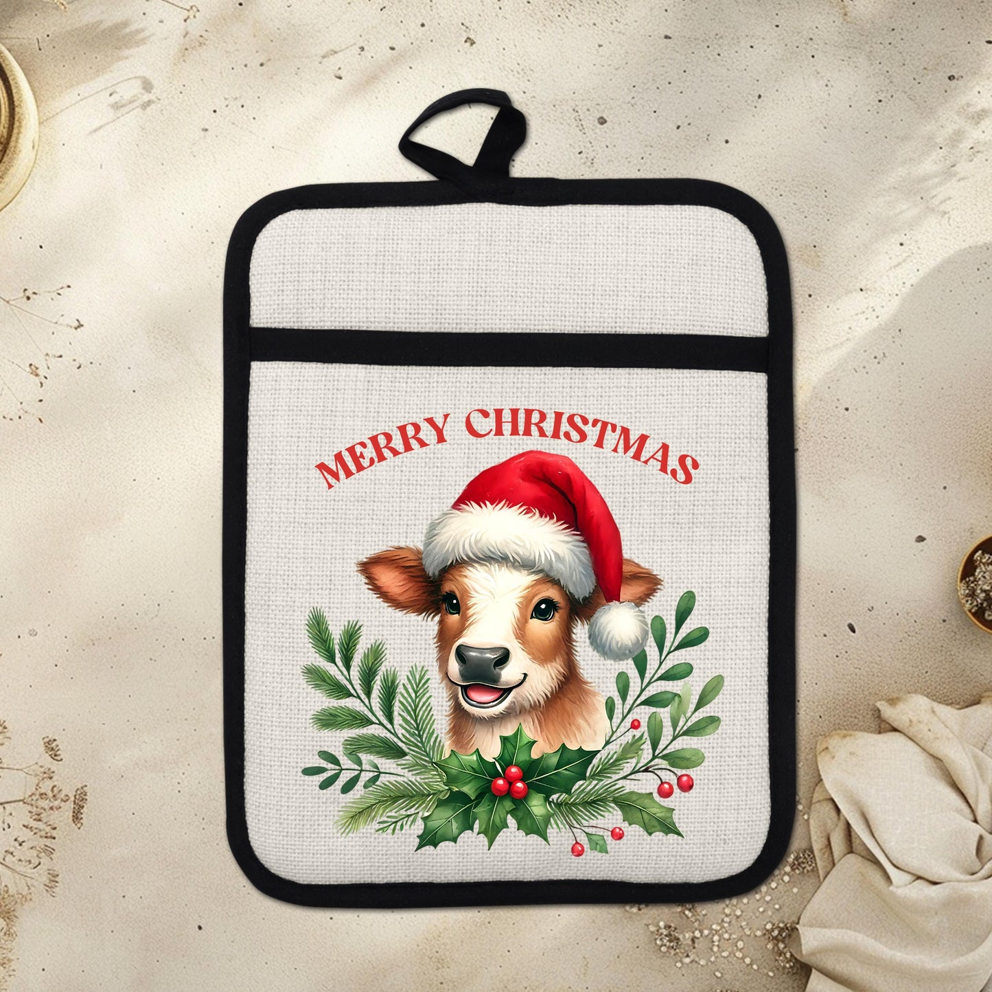 Christmas Cow Pot Holder with Santa Hat  Rustic Brown  White Farmhouse Kitchen Decor