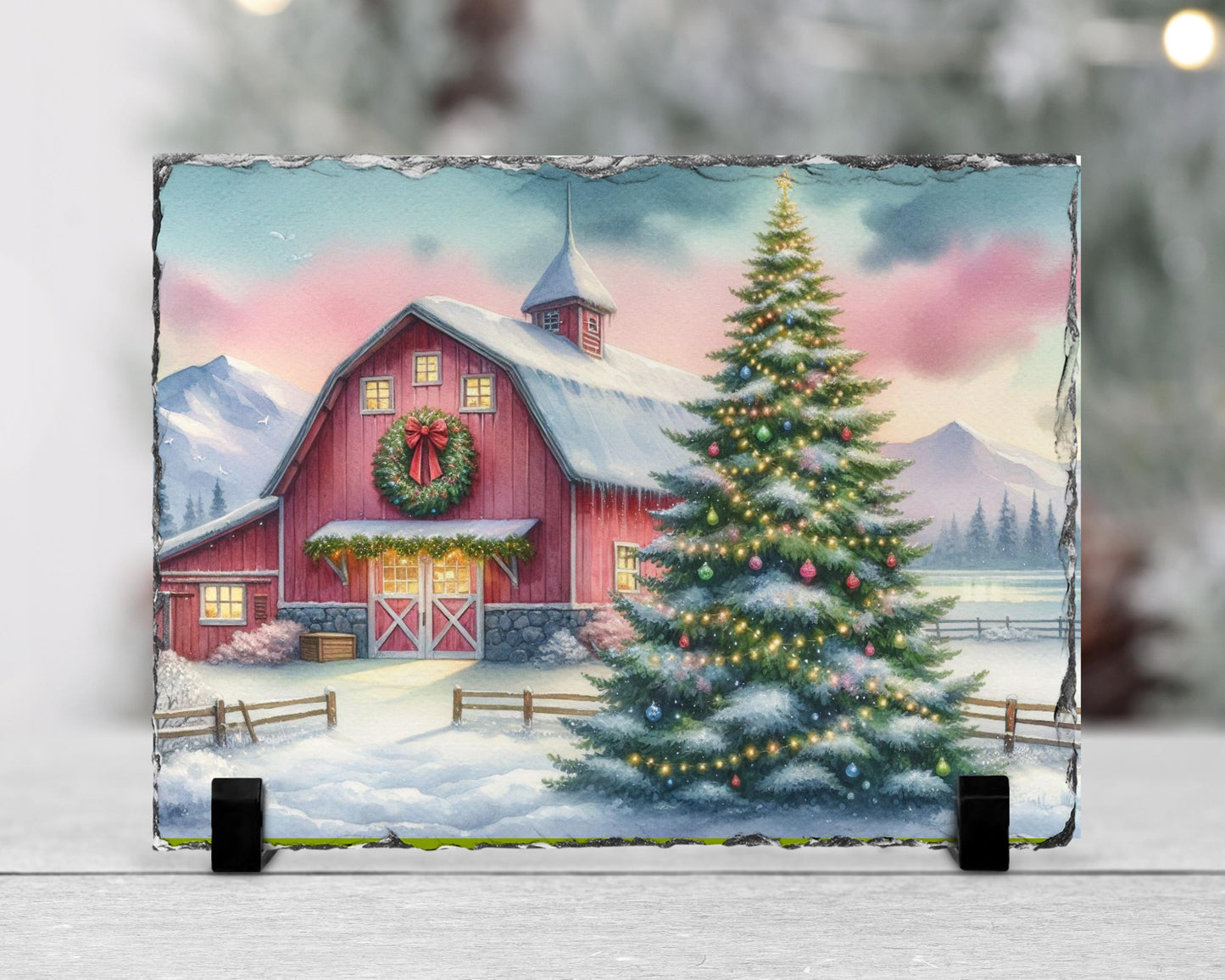 Watercolor Barn Slate - Snowy Mountain Christmas Decor