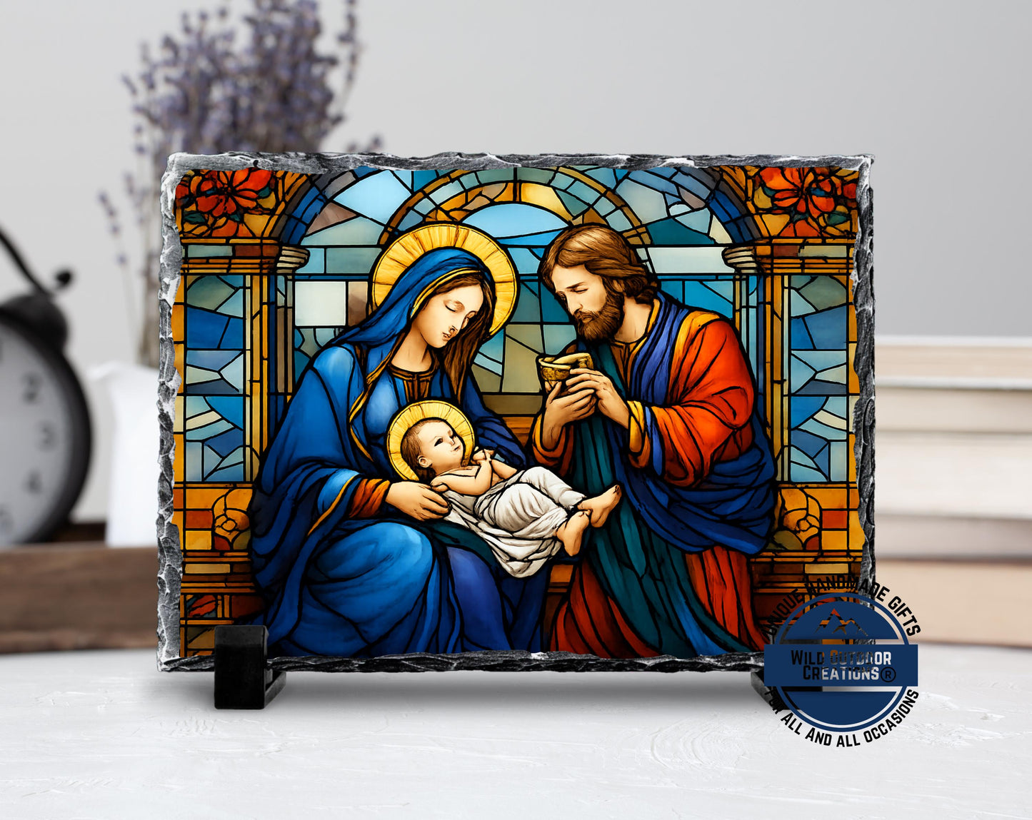 Holy Family Faux Stained Glass Slate Plaque, Mary Joseph Baby Jesus Religious Gift