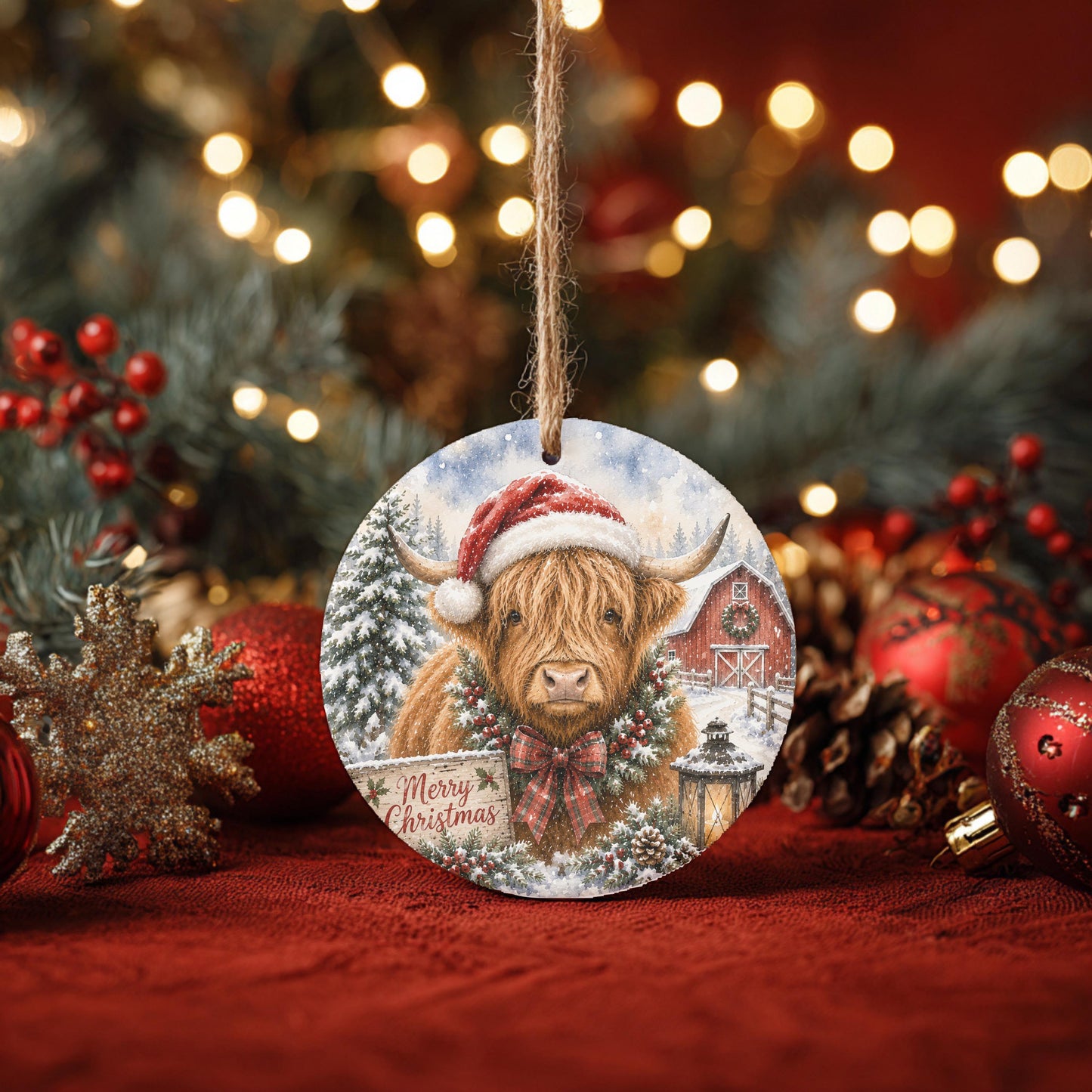 Highland Cow Ornament, Round Ceramic, 3 Inch Winter Barn Scene