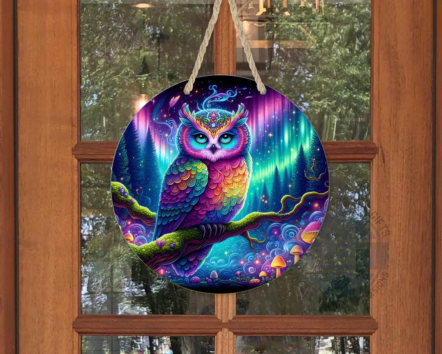 Rainbow Owl Wall Art – Psychedelic Forest Scene | Round Aluminum Sign With Fade Resistant Print