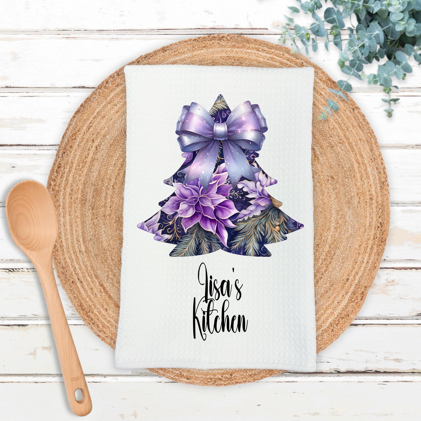 Personalized Purple Christmas Tree Kitchen Towel - Waffle Weave Holiday Decor
