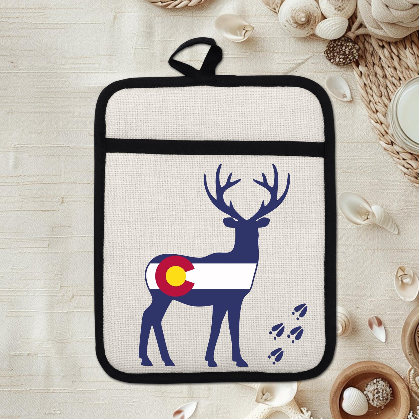 Colorado Deer Pot Holder - Linen Fabric, Silicone Back Trivet with Pocket Grip