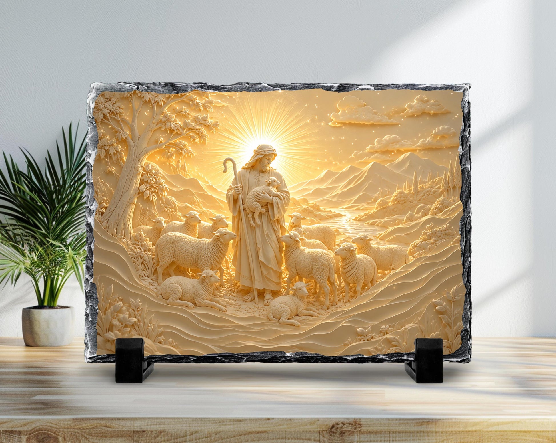 a stone carving of a shepherd tending to his flock, with a sunlit landscape in the background.