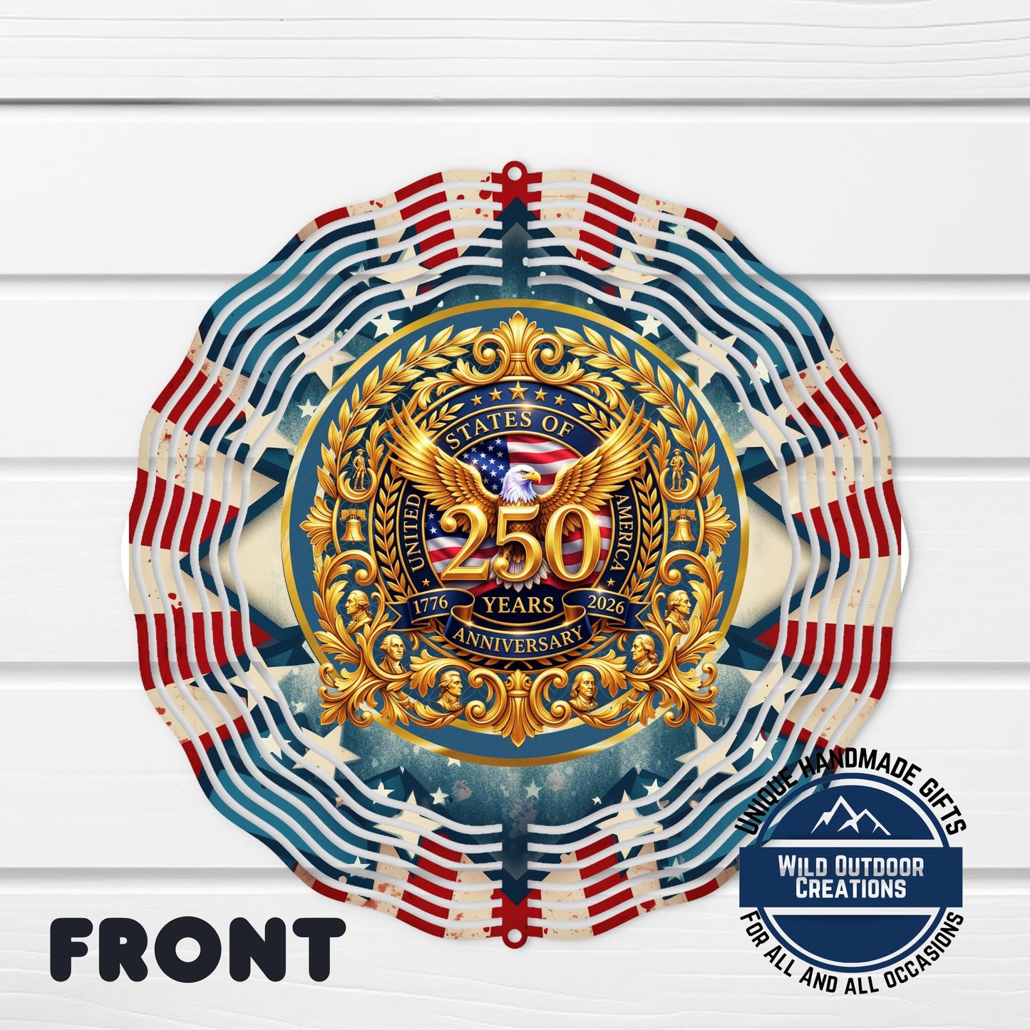 USA 250th Wind Spinner – Double Sided Gold Eagle Wall Art | Patriotic Garden Decor - shown spinning in outdoor garden setting
