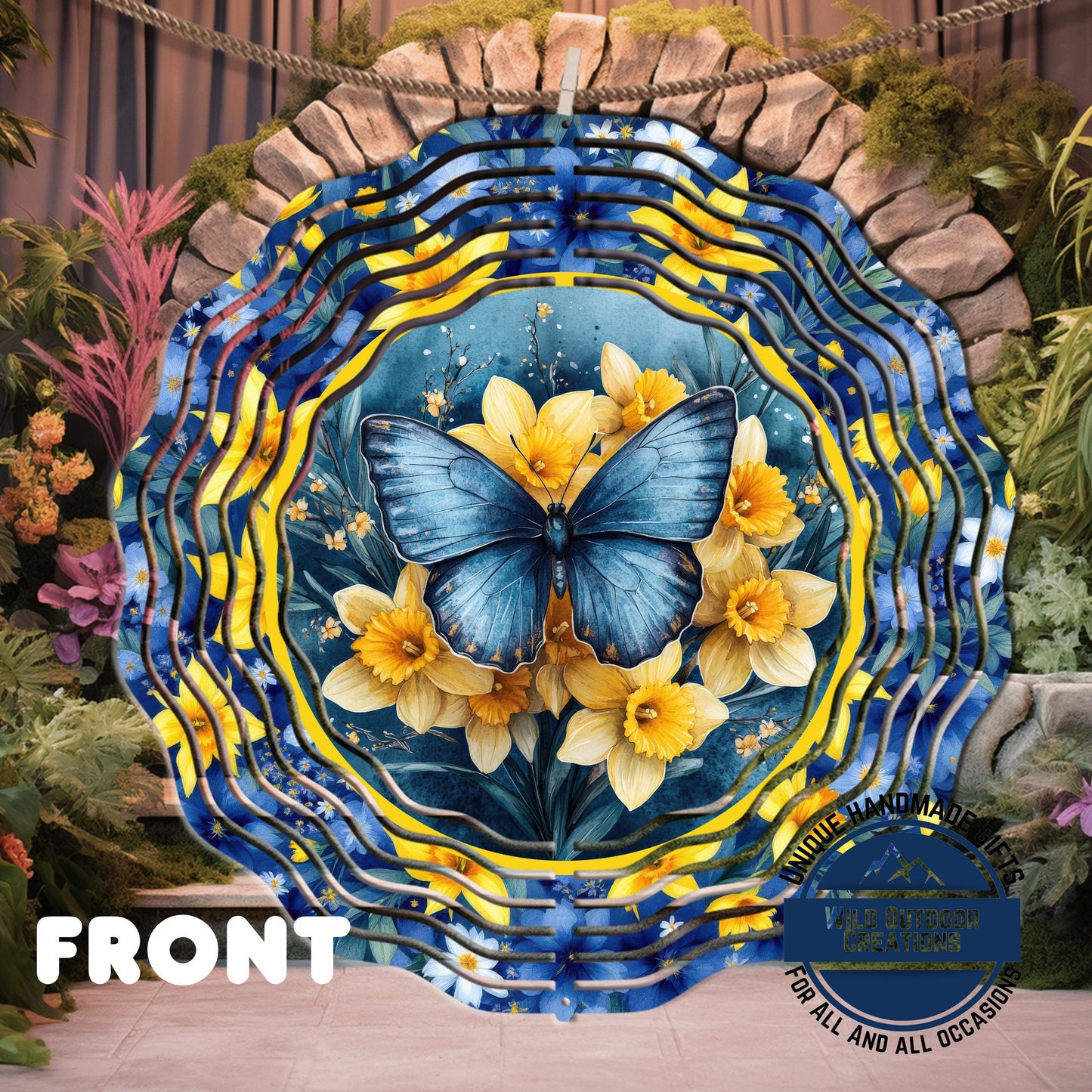 Daffodil Wind Spinner – Blue Butterfly Garden Decor, 10-Inch Aluminum Outdoor