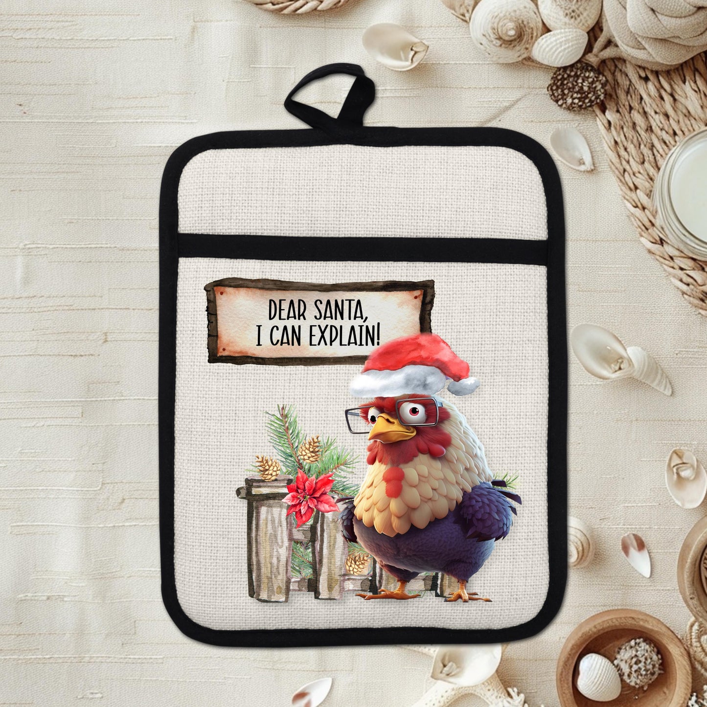 Funny Chicken Christmas Pot Holder with Santa Hat  Fence Scene - Dear Santa I Can Explain Linen Hot Pad Gift