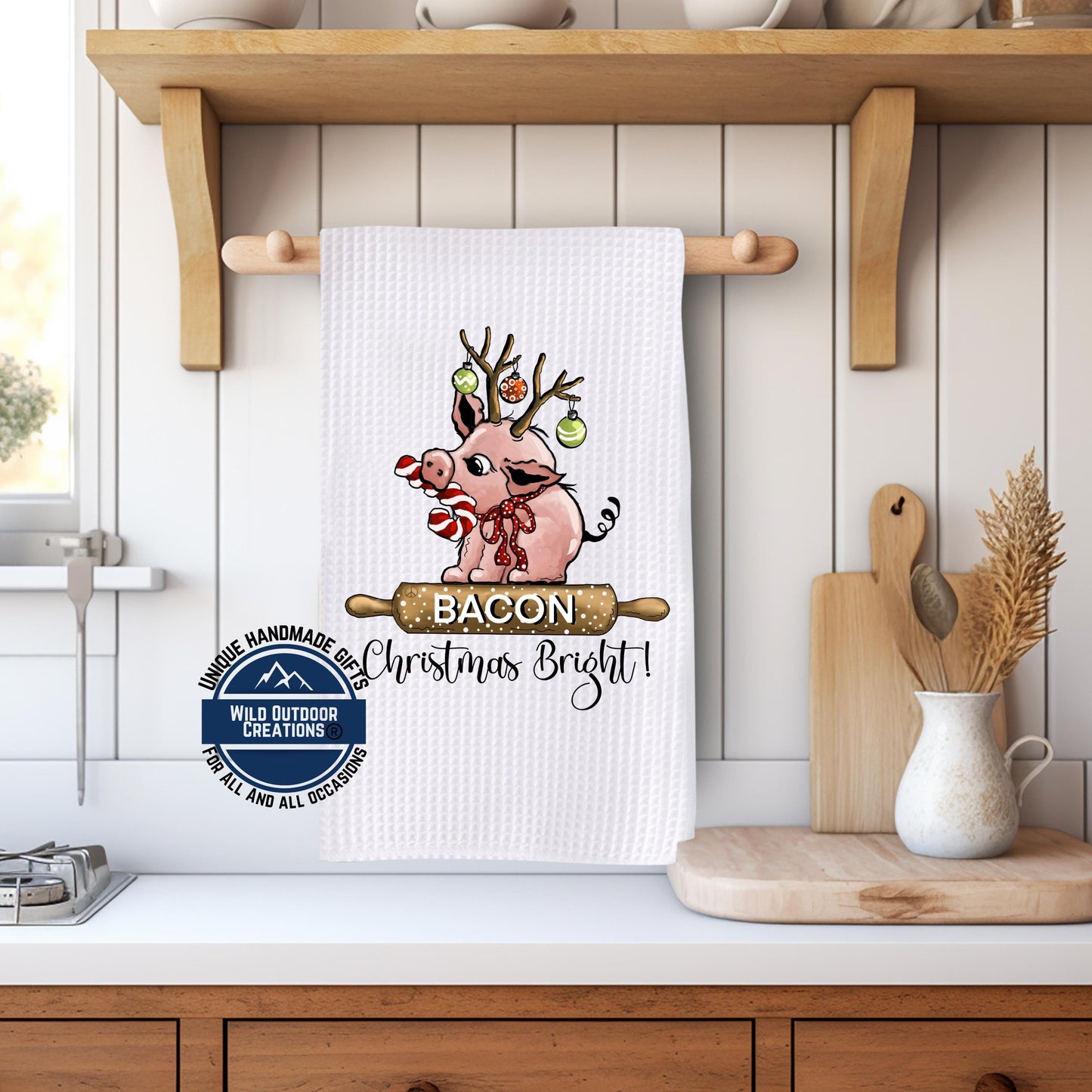 Reindeer Pig Christmas Kitchen Towel Bacon Funny Farmhouse Waffle Weave Holiday Decor Gift