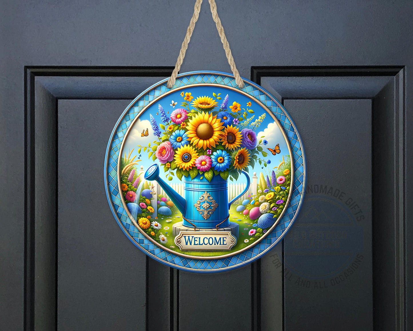 Watering Can Welcome Sign – Round Aluminum Garden Door Hanger With Sunflower Decor - additional product photo 10
