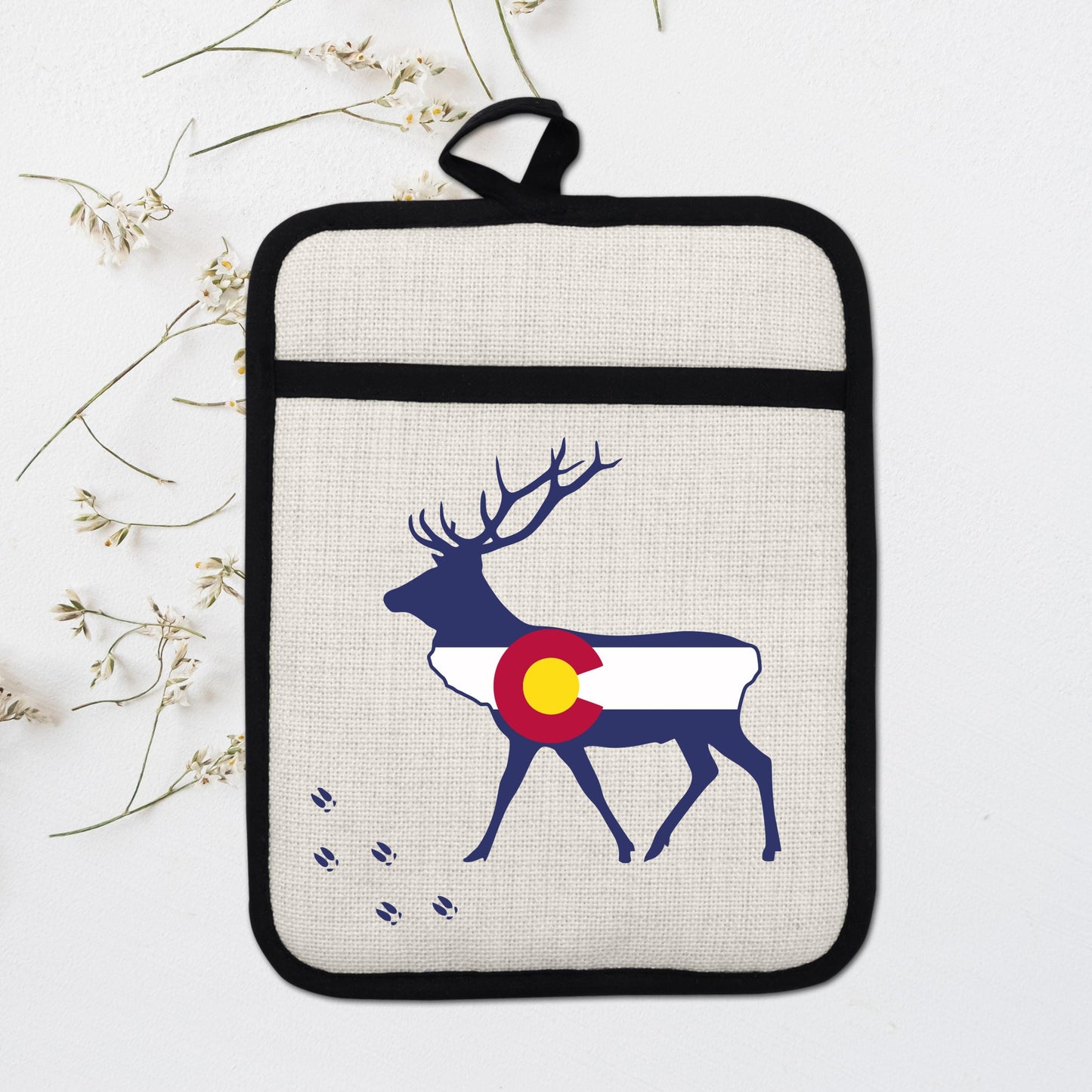 Elk Pot Holder - Colorado Linen With Silicone Back, Heat Resistant Trivet 9x7 Inches