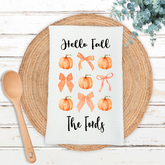 Personalized Hello Fall Waffle Weave Towel, Autumn Waffle Weave Towel, Unique Hostess Gift, Custom Kitchen Decor, Fall Theme Towel