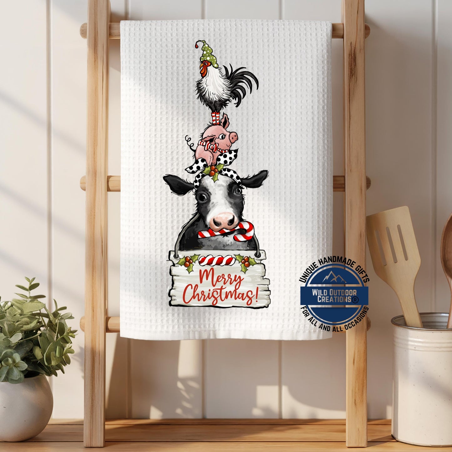 Stacked Farm Animals Merry Christmas Kitchen Towel Cow Pig Rooster Farmhouse Decor Gift