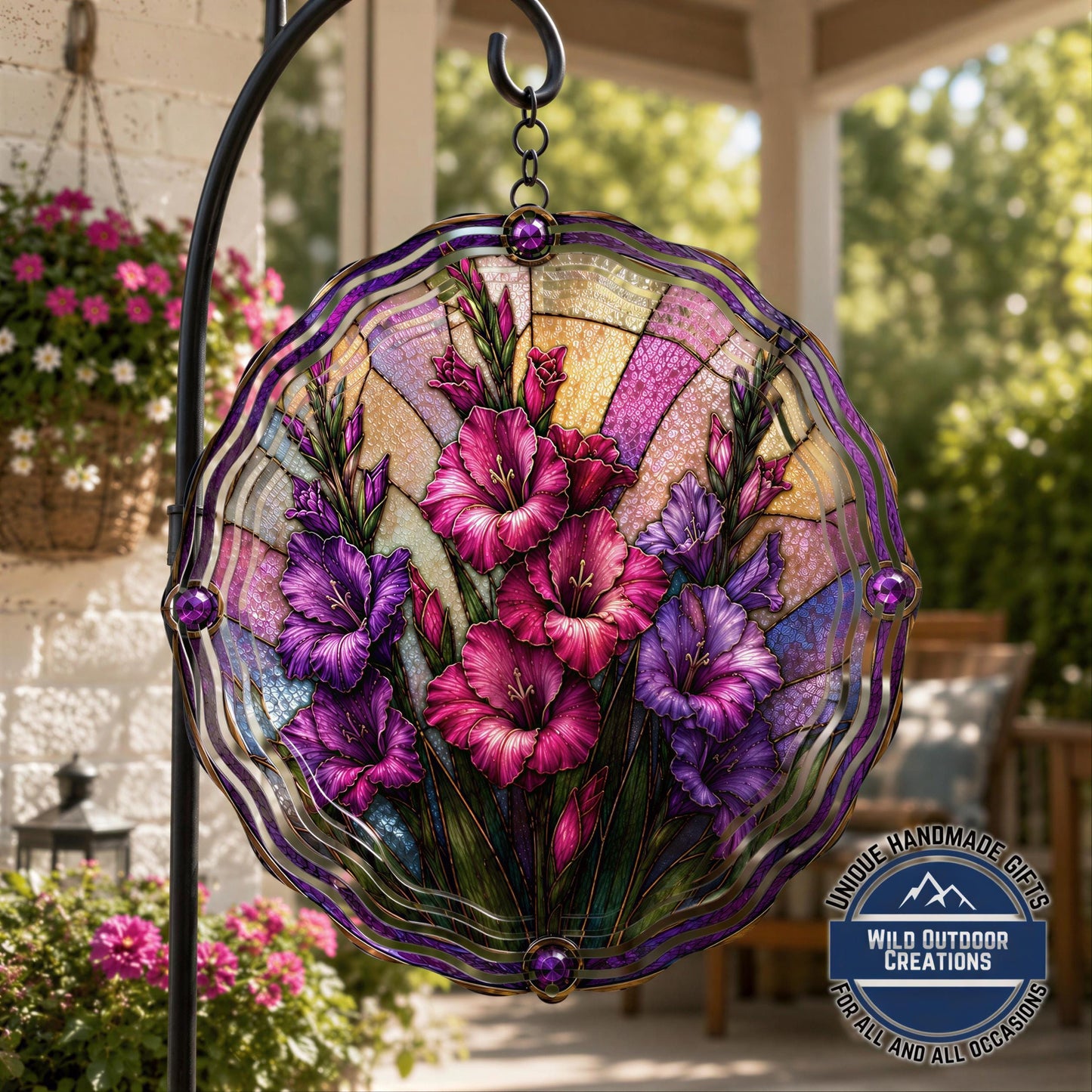 August Birth Flower Gladiolus Wind Spinner 10 Inch Faux Stained Glass Metal Garden Decor