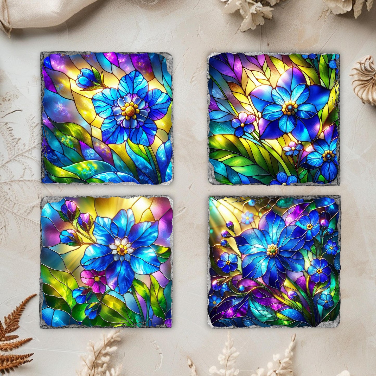 Slate Coaster Set with Faux Stained Glass Forget Me Not Flowers  Black Rack  Handcrafted Alaska State Gift