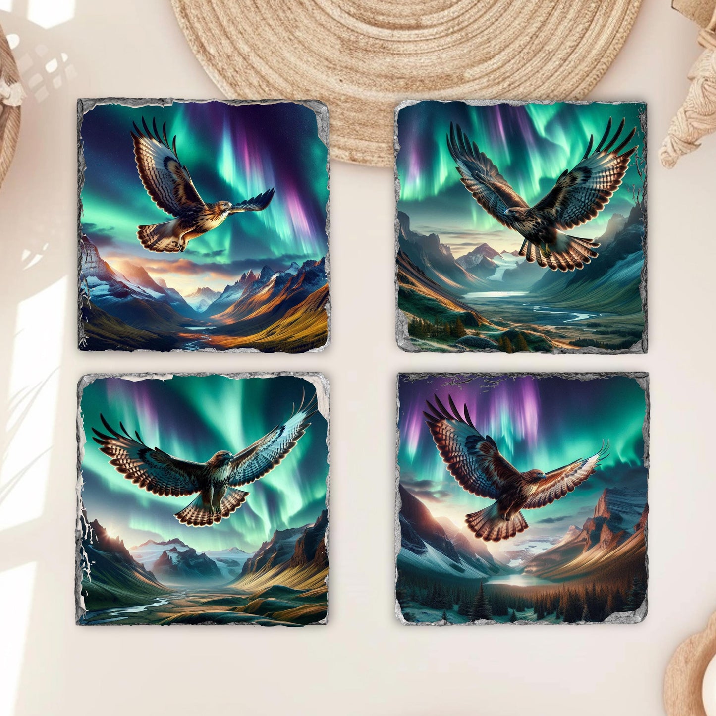 Slate Coaster Set with Unique Hawk  Northern Lights Designs - Perfect Gift for Outdoor Enthusiasts