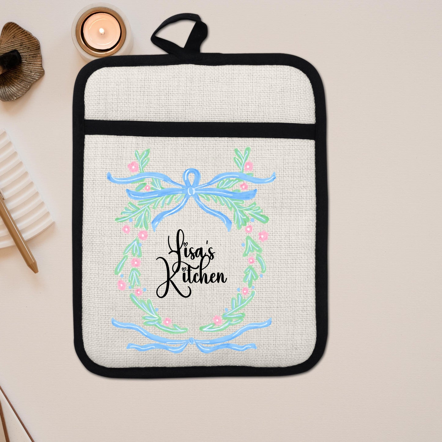 Personalized Pot Holder – Custom Name Floral Kitchen Gift With Linen Pocket - additional product photo 13
