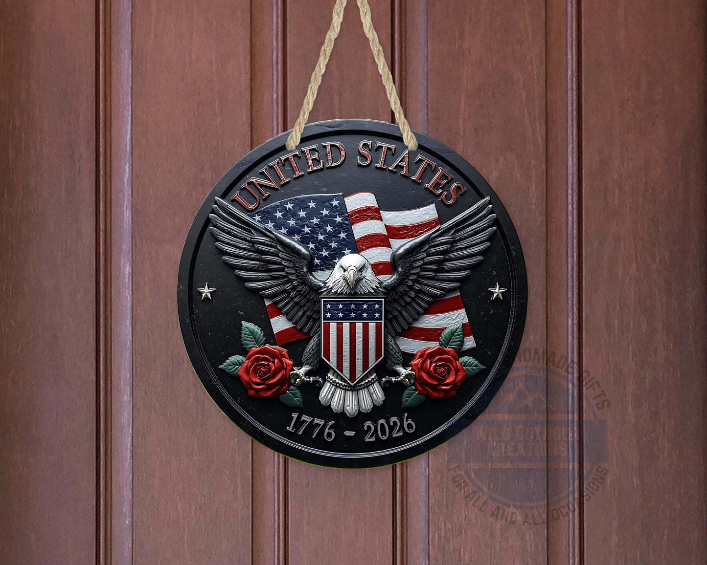 American Eagle Door Hanger - Round Aluminum Patriotic Door Sign, Veteran Gift Idea