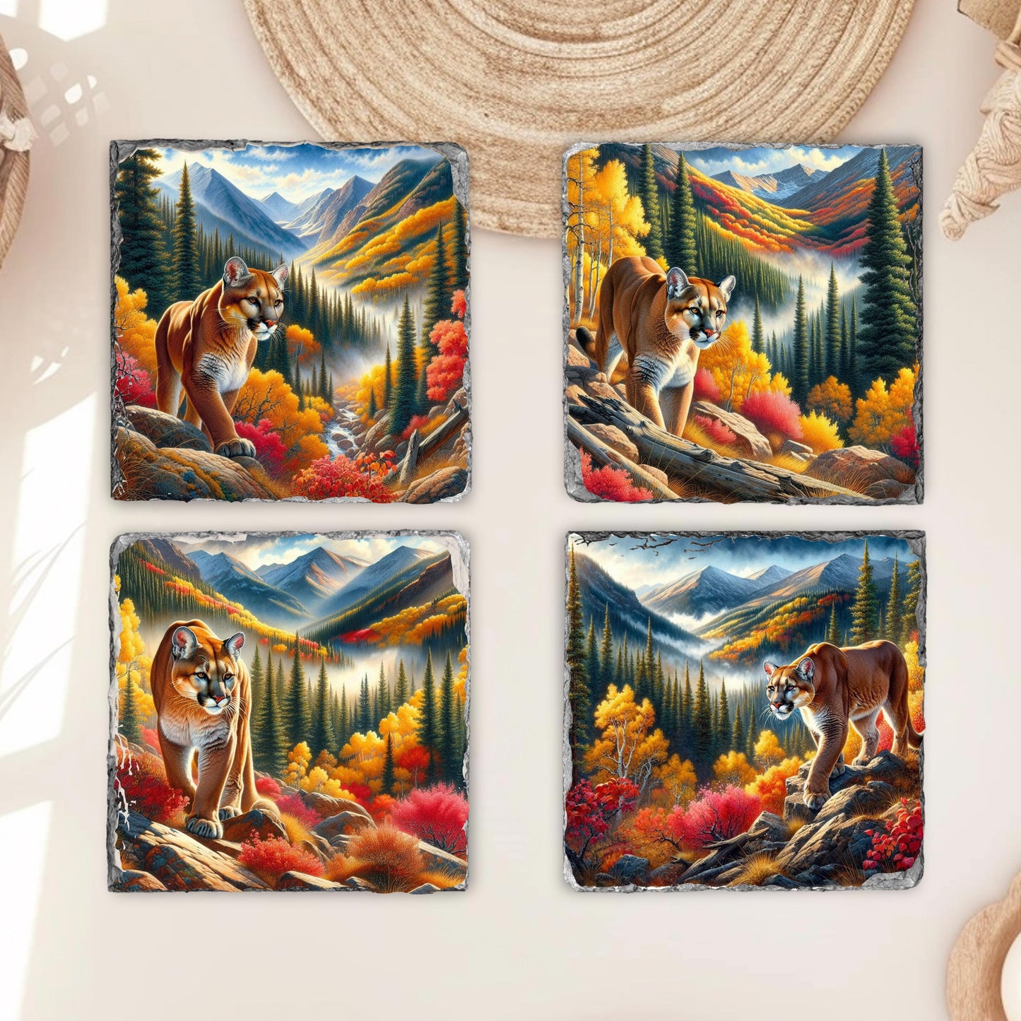 Mountain Lion Slate Coaster Set - Fall Landscape Decor for Nature Lovers