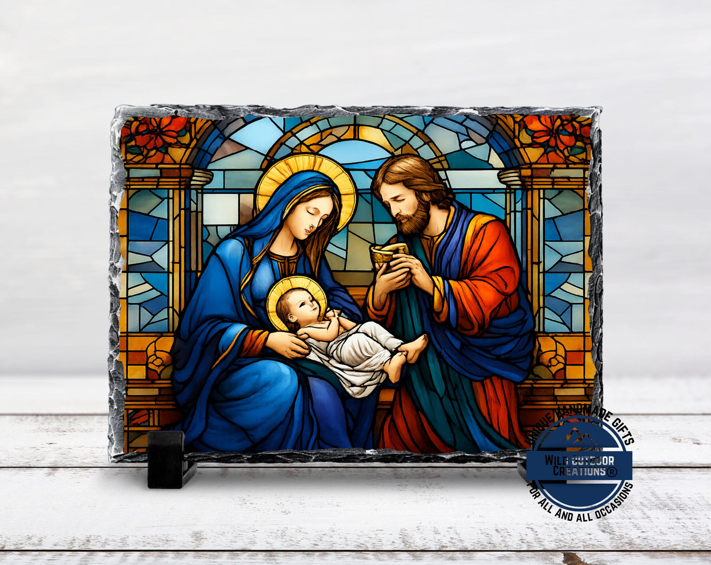 Holy Family Faux Stained Glass Slate Plaque, Mary Joseph Baby Jesus Religious Gift