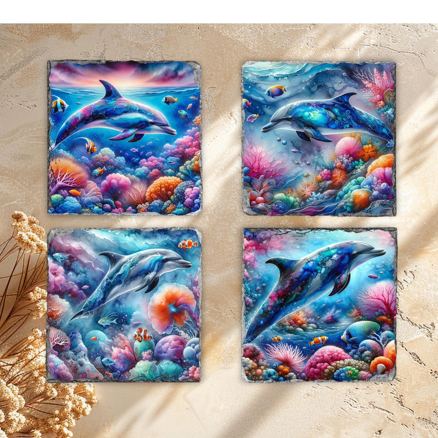 Dolphin Slate Coaster Set with Rack - Ocean-Themed Drink Coasters for Beach House Decor  Gifts