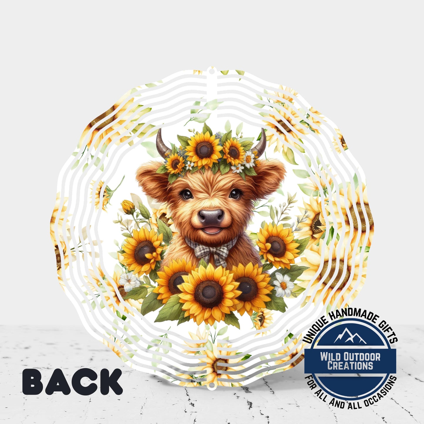 Baby Highland Cow Spinner - Rustic Garden Decor | Sunflower Crown Wind Spinner