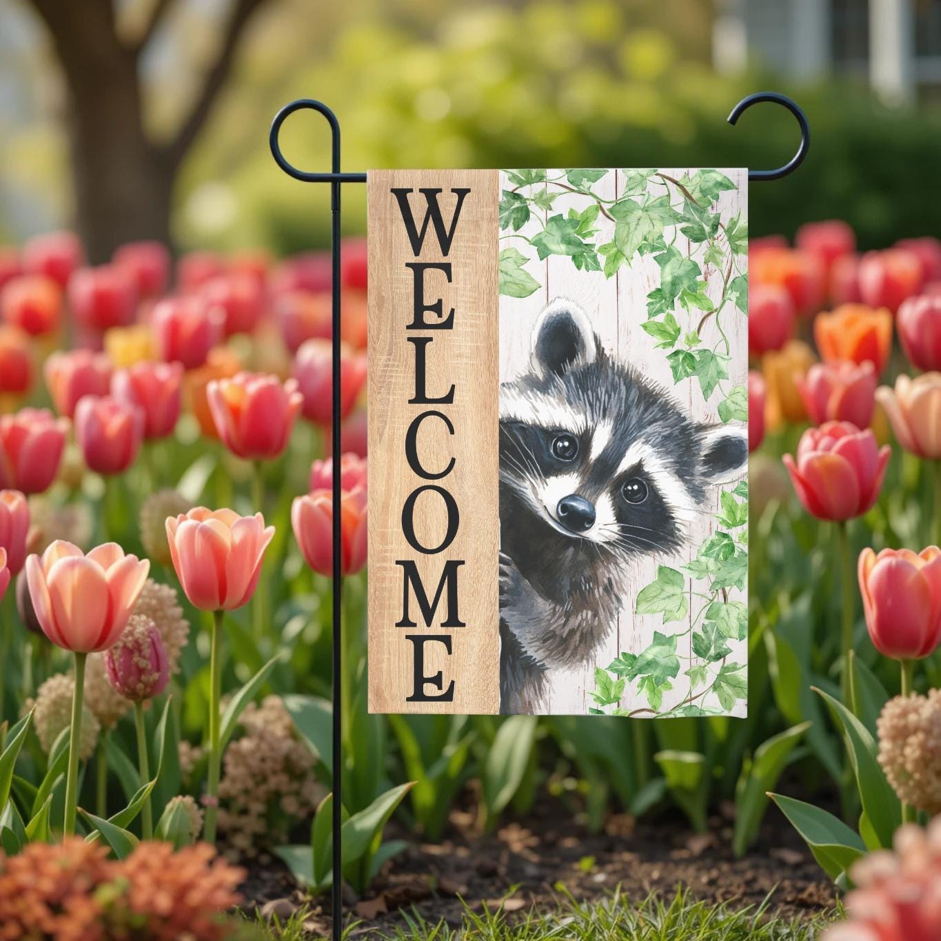 Welcome Raccoon Garden Flag – Rustic Woodland Yard Decor | Double Sided, UV Resistant - scale and size reference