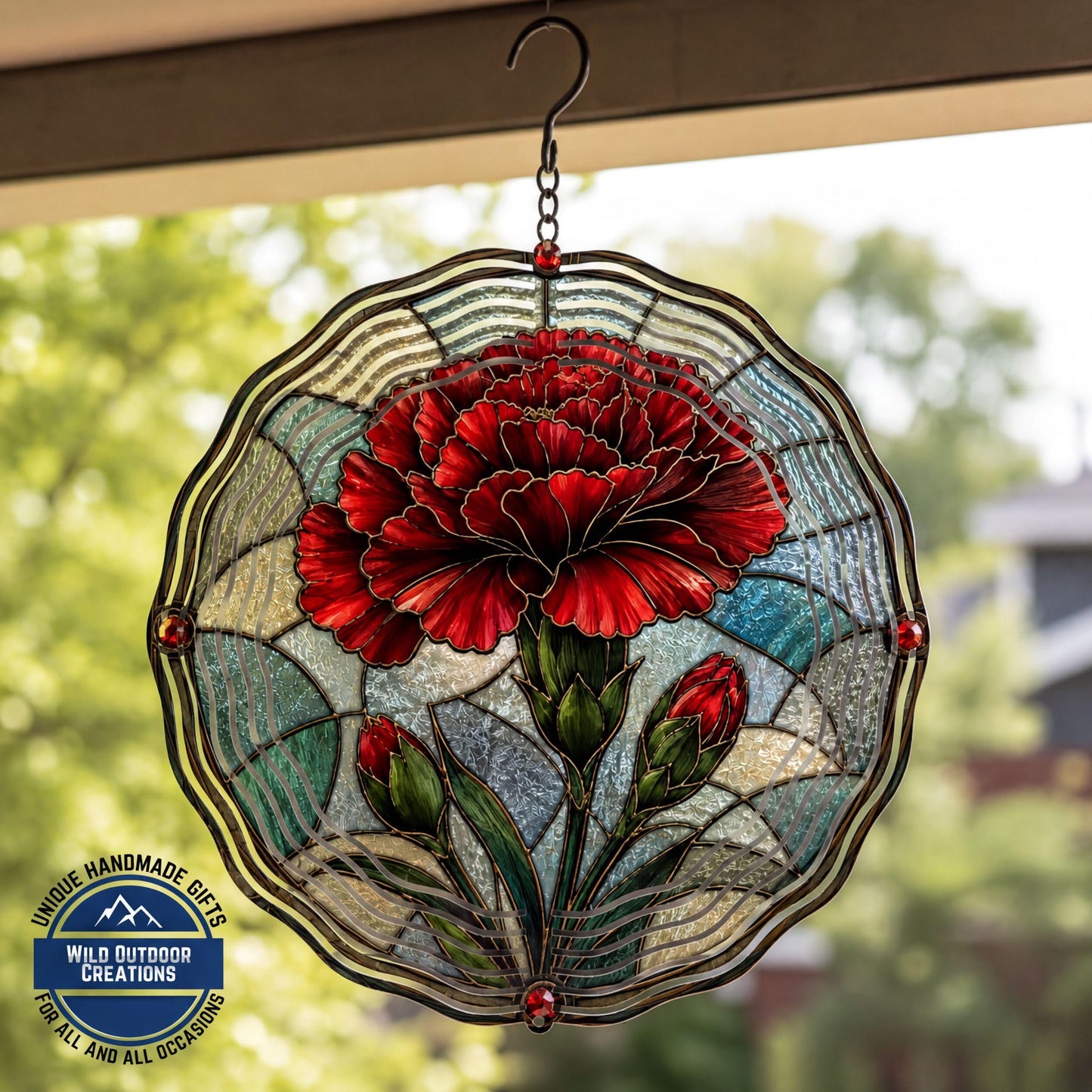 January Birth Flower Carnation Wind Spinner 10 Inch Faux Stained Glass Metal Garden Decor