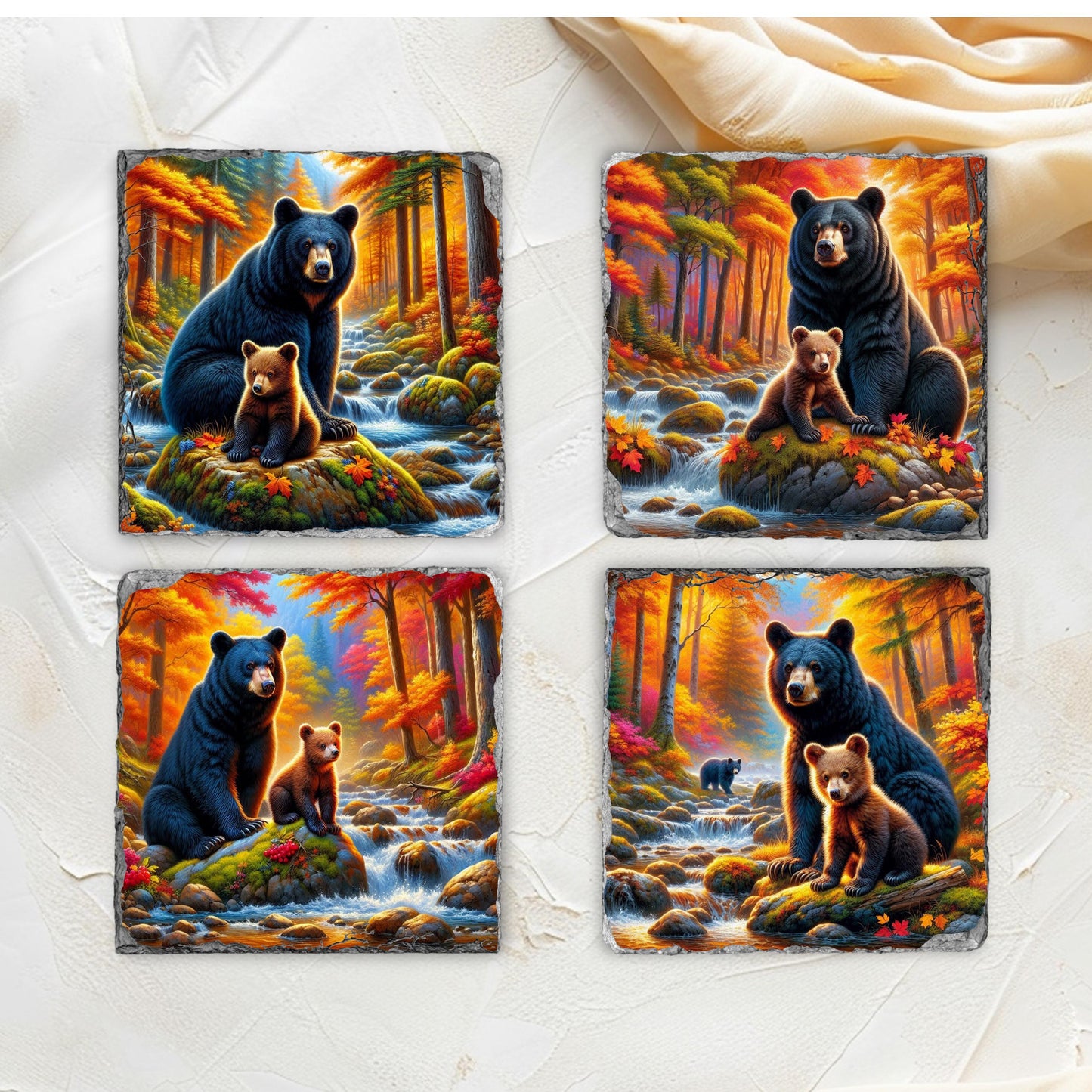 Fractured Edge Slate Coaster Set with Bear and Cub Fall River Scene - Ideal Gift for Nature Lovers