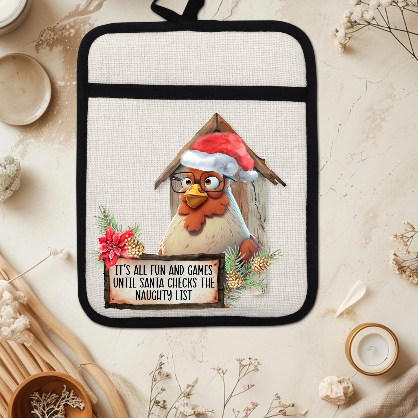 Funny Chicken Pot Holder with Santa Hat - Rustic Barn Kitchen Decor  Naughty List Sign - Perfect Linen Hot Pad Gift