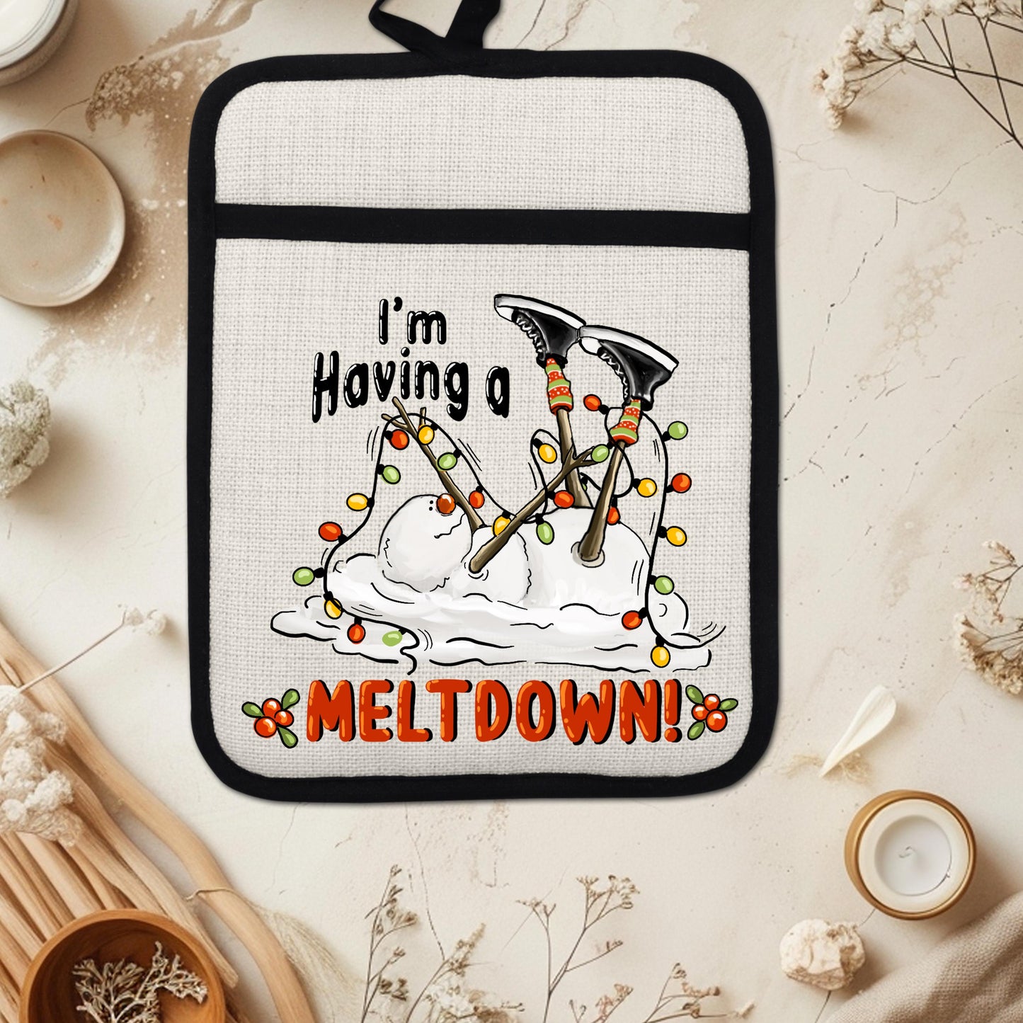 Funny Snowman Pot Holder with Im Having a Meltdown Quote - Holiday Kitchen Decor with Christmas Lights  Holly