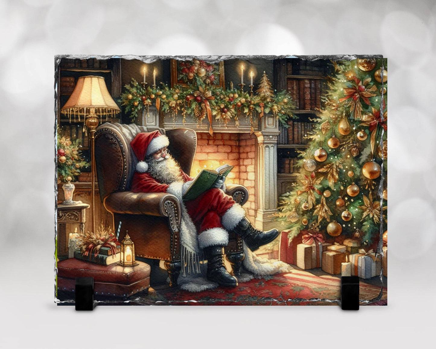 Cozy Santa Reading Slate with Fireplace  Tree - Charming Christmas Mantle Accent