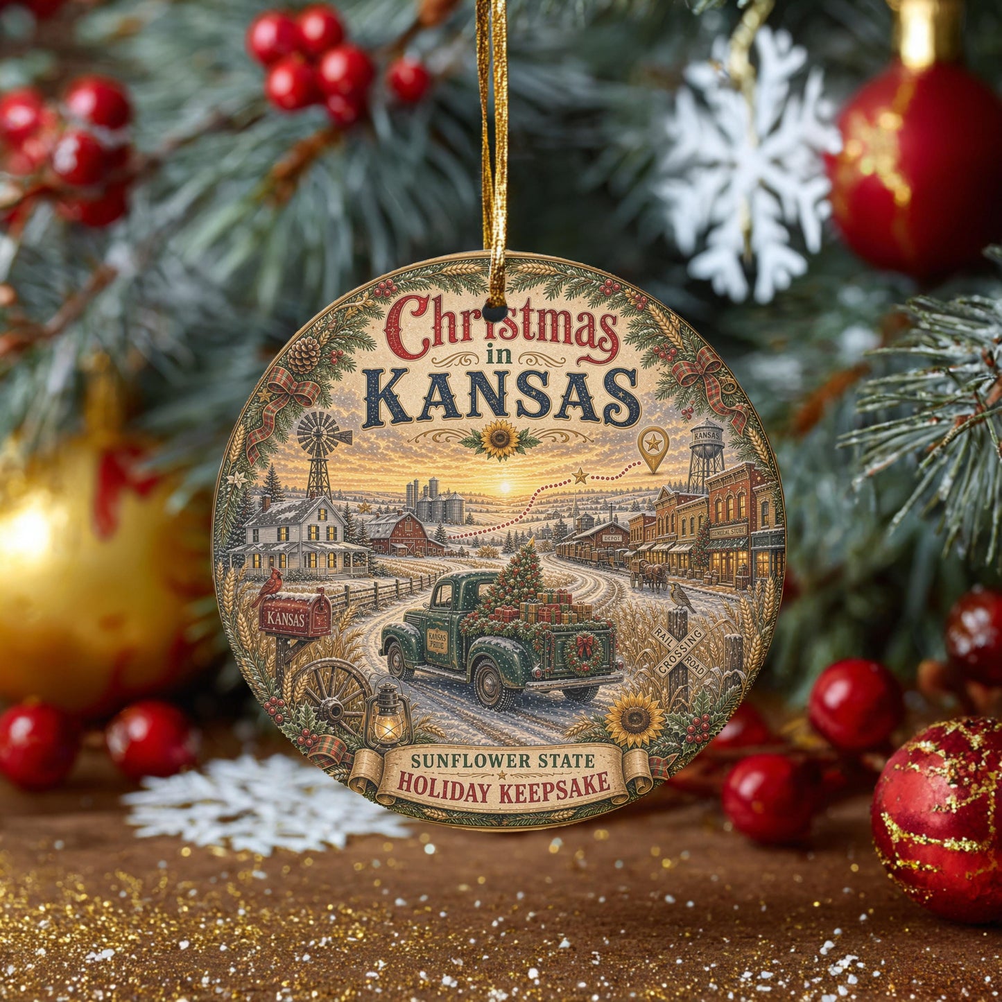 Kansas Christmas Ornament | Vintage Green Truck Ceramic Keepsake, 3 Inch