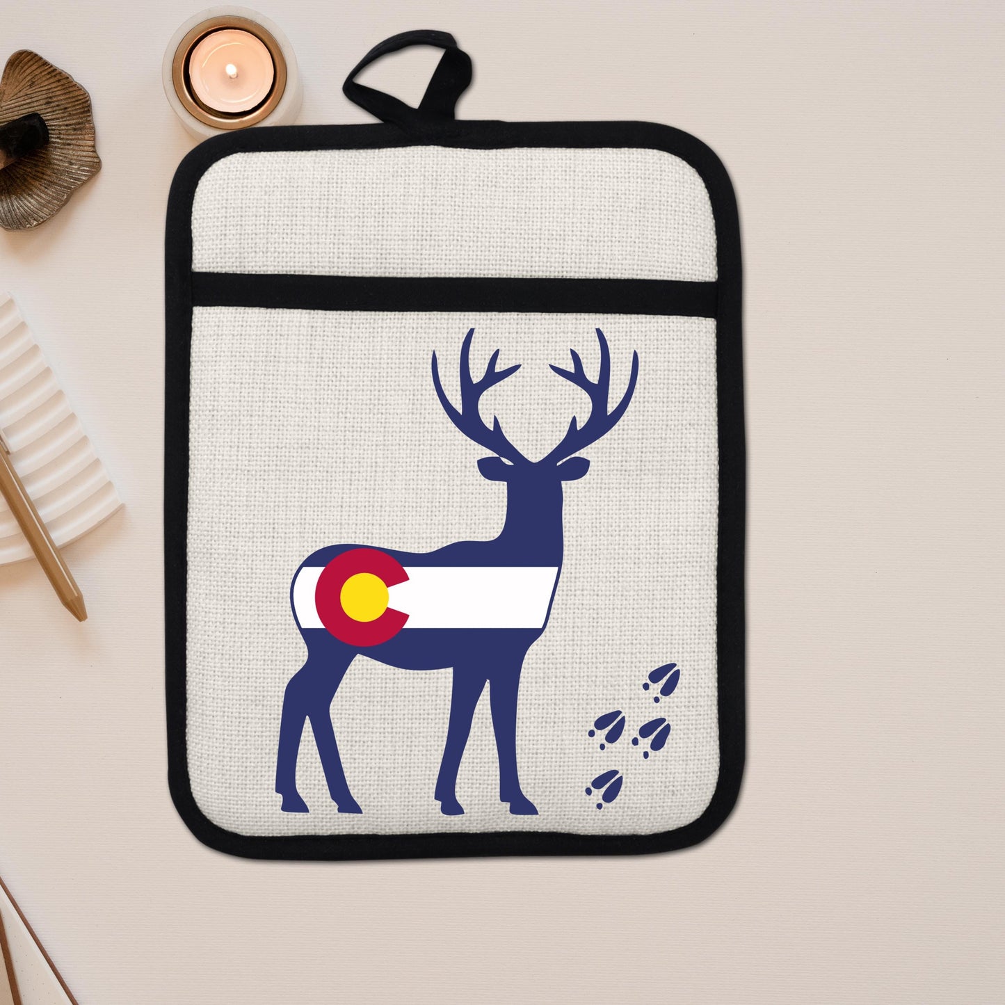 Colorado Deer Pot Holder - Linen Fabric, Silicone Back Trivet with Pocket Grip