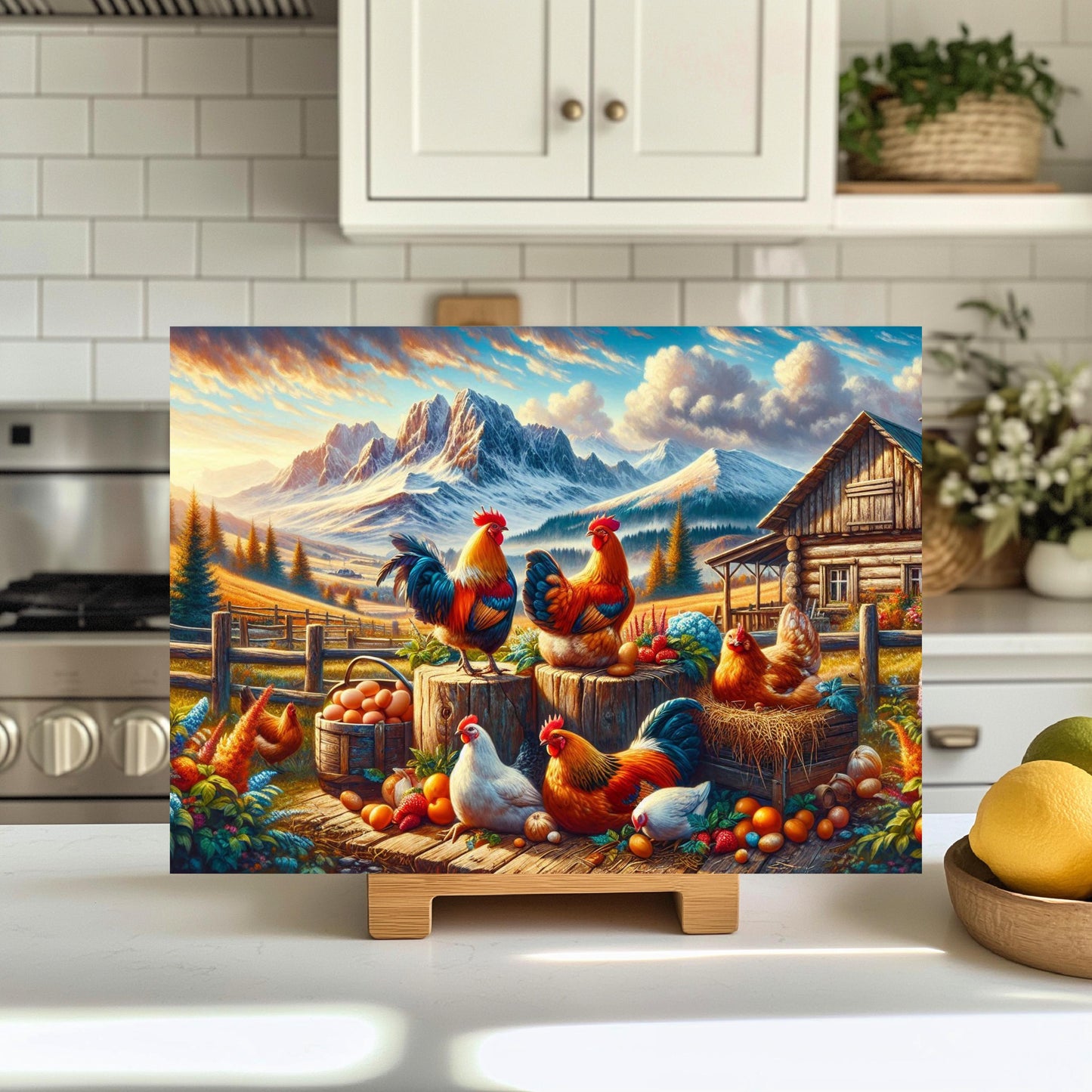 Mountain Farm Chicken Cutting Board - Rustic Glass Art Kitchen Decor Perfect Gift for Chicken Lovers