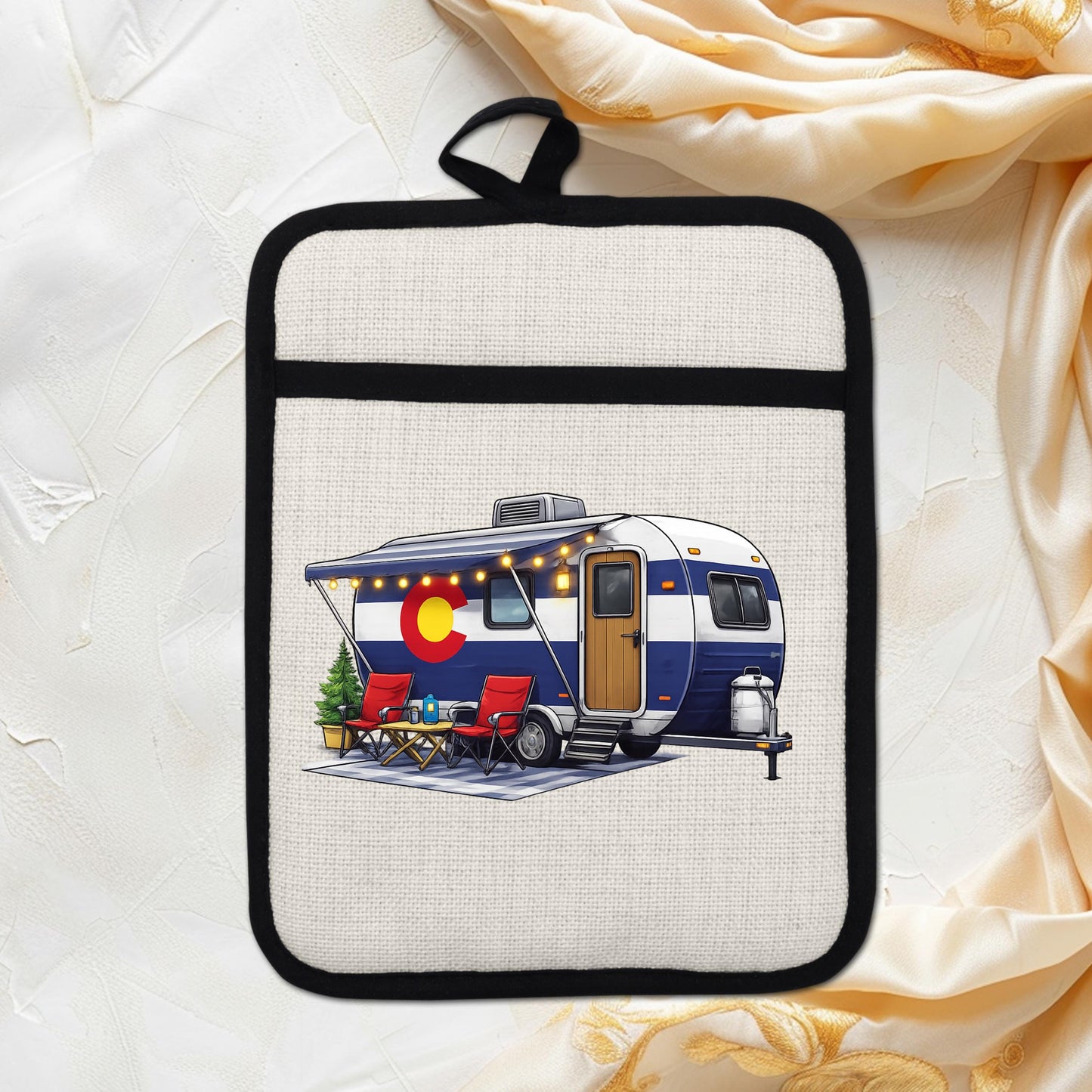 Colorado Camper Pot Holder - Linen Fabric, Silicone Heat Trivet With Loop
