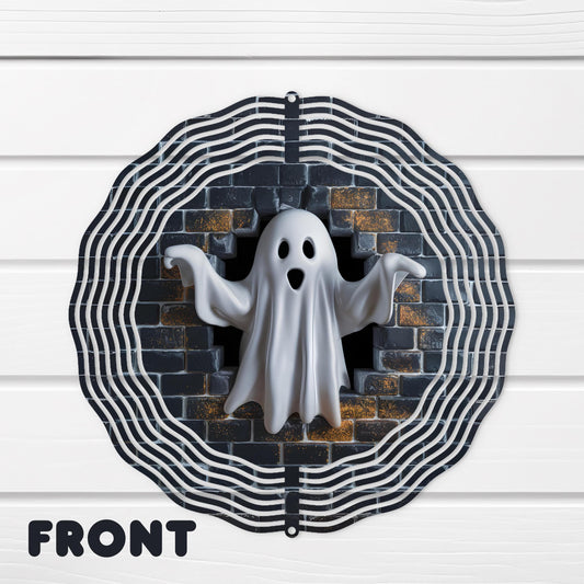 10x10 Inch Ghost Wind Spinner - 3D Double-Sided Aluminum Garden Art with Brick Wall Scene UV Coated for IndoorOutdoor Decor