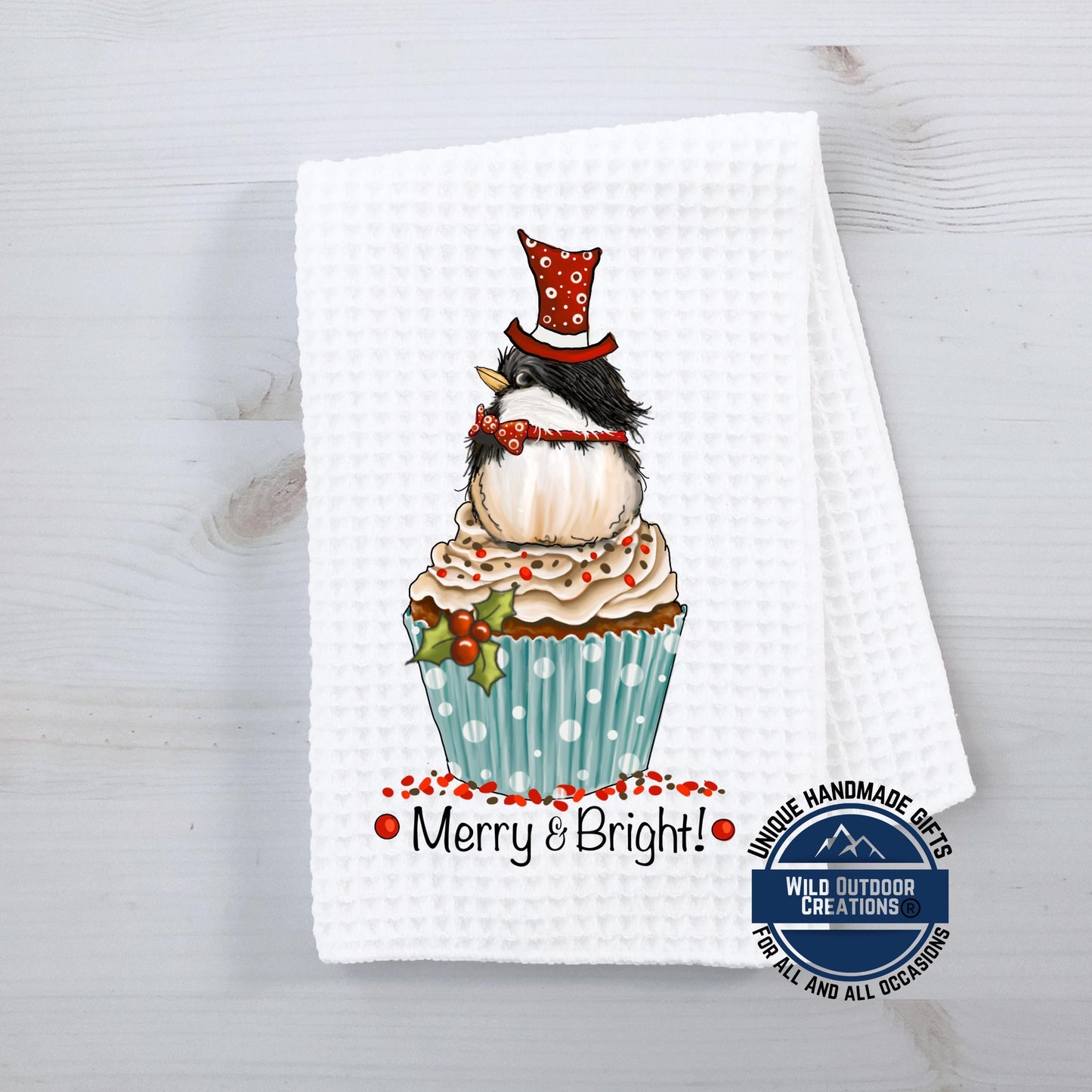 Chickadee Cupcake Christmas Kitchen Towel Merry Bright Bird Waffle Weave Holiday Decor Gift