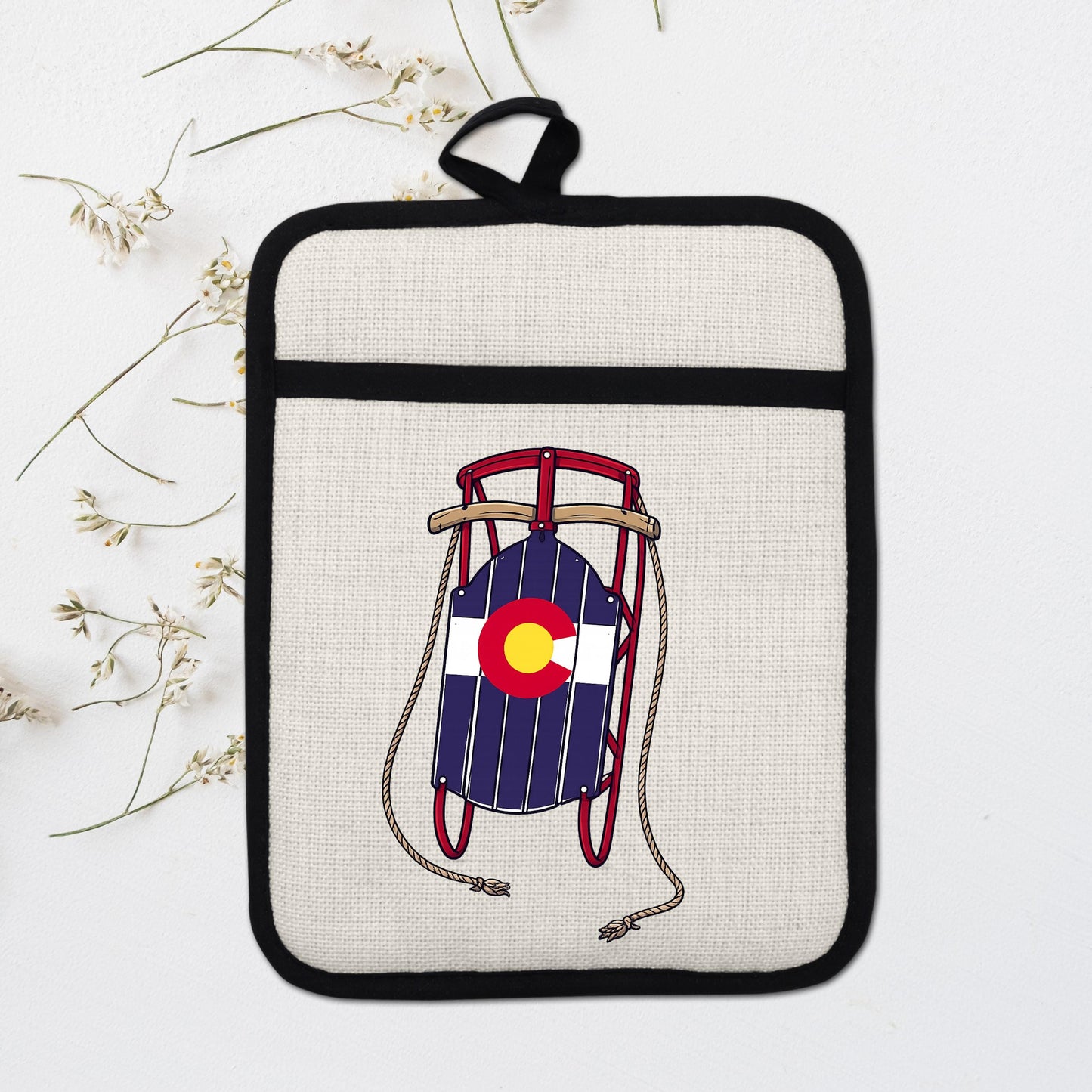 Colorado Sled Pot Holder - Linen Pot Holder with Silicone Back Trivet, Heat Resistant Oven Mitt