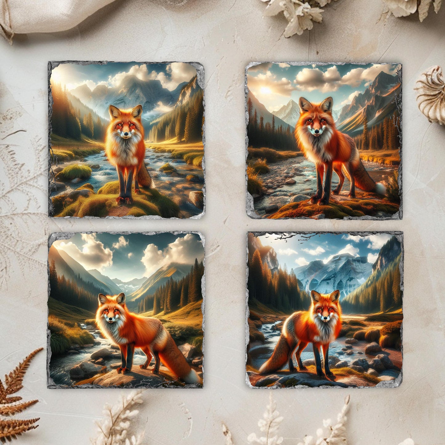 Handcrafted Natural Slate Coaster Set with Fox Mountain Scene  Black Rack - Perfect Gift for Wildlife Lovers