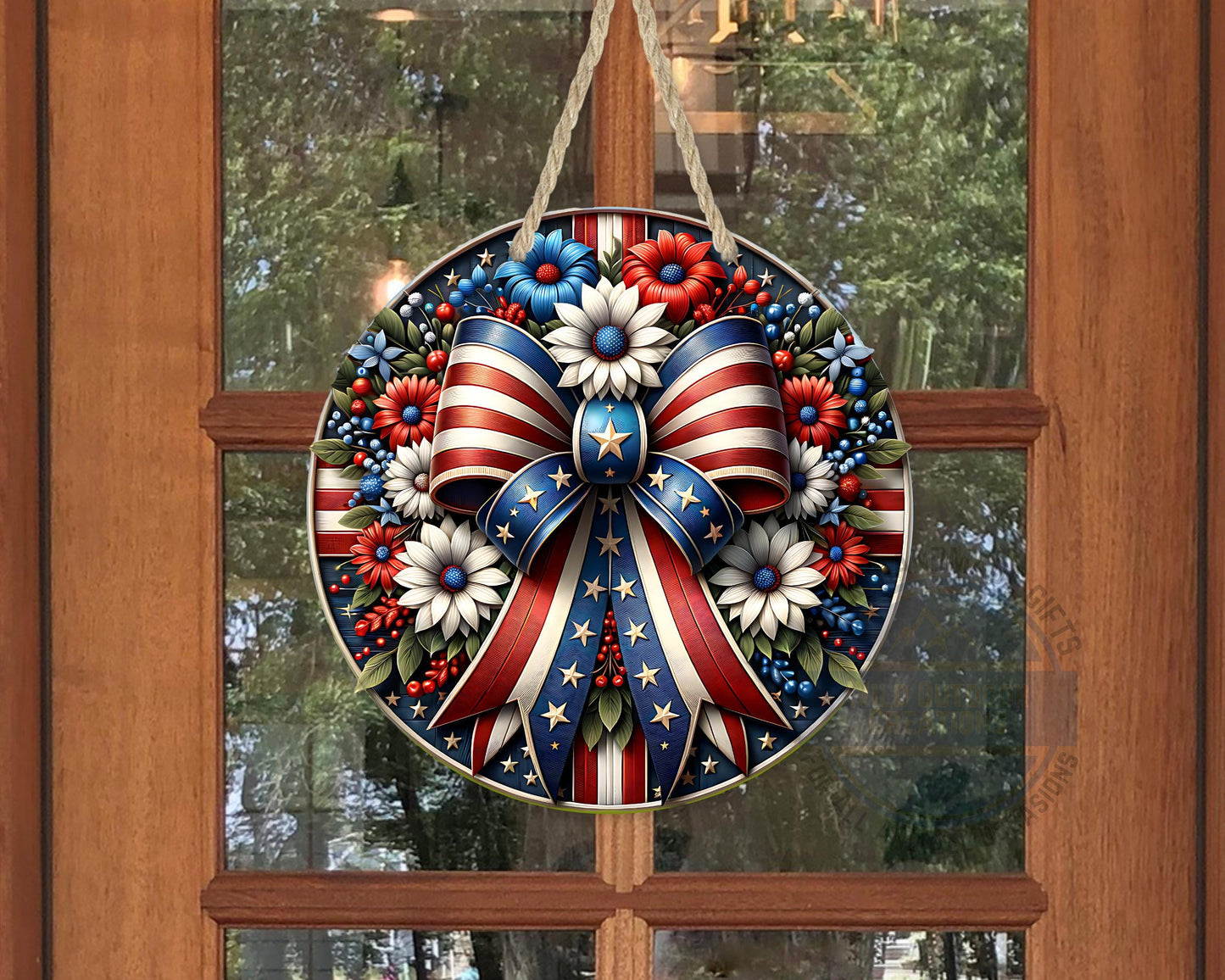 Patriotic Door Hanger – Aluminum Door Sign with American Flag Bow & Floral Design