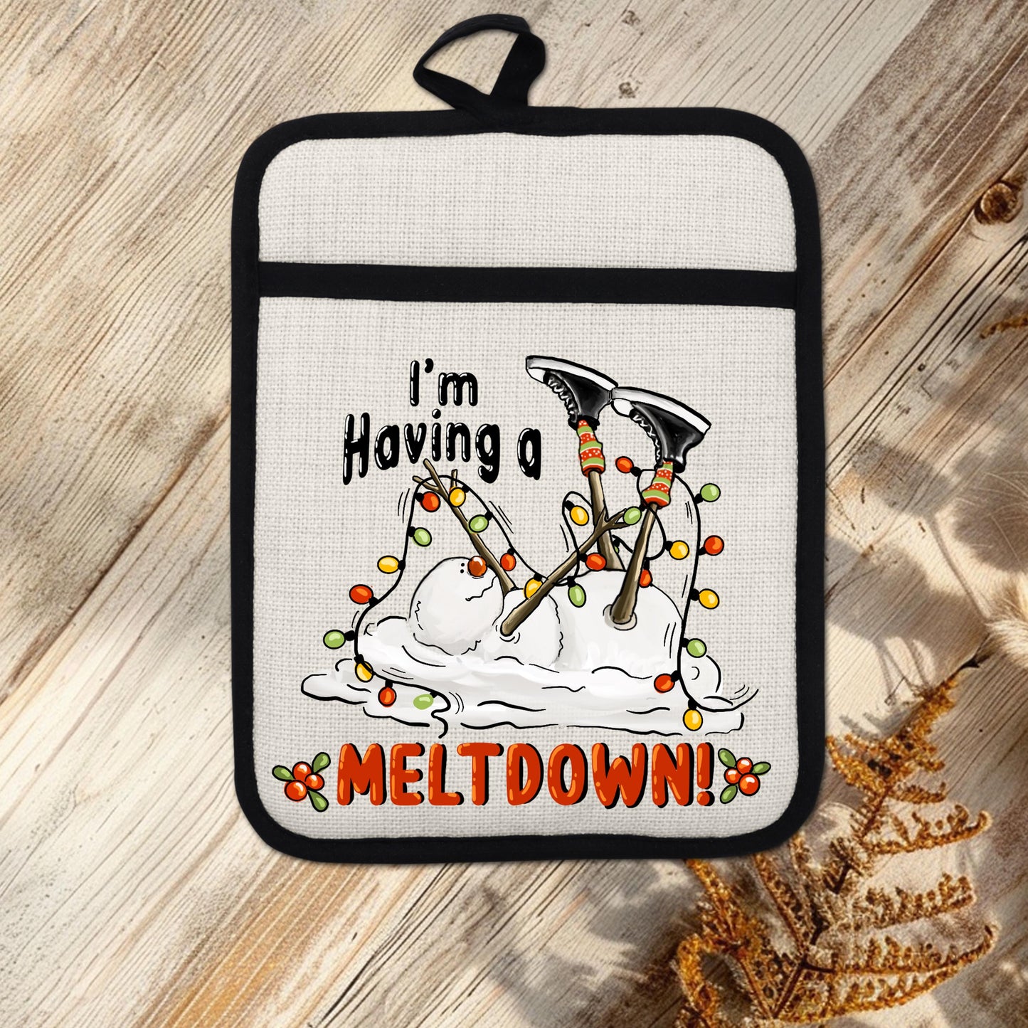 Funny Snowman Pot Holder with Im Having a Meltdown Quote - Holiday Kitchen Decor with Christmas Lights  Holly