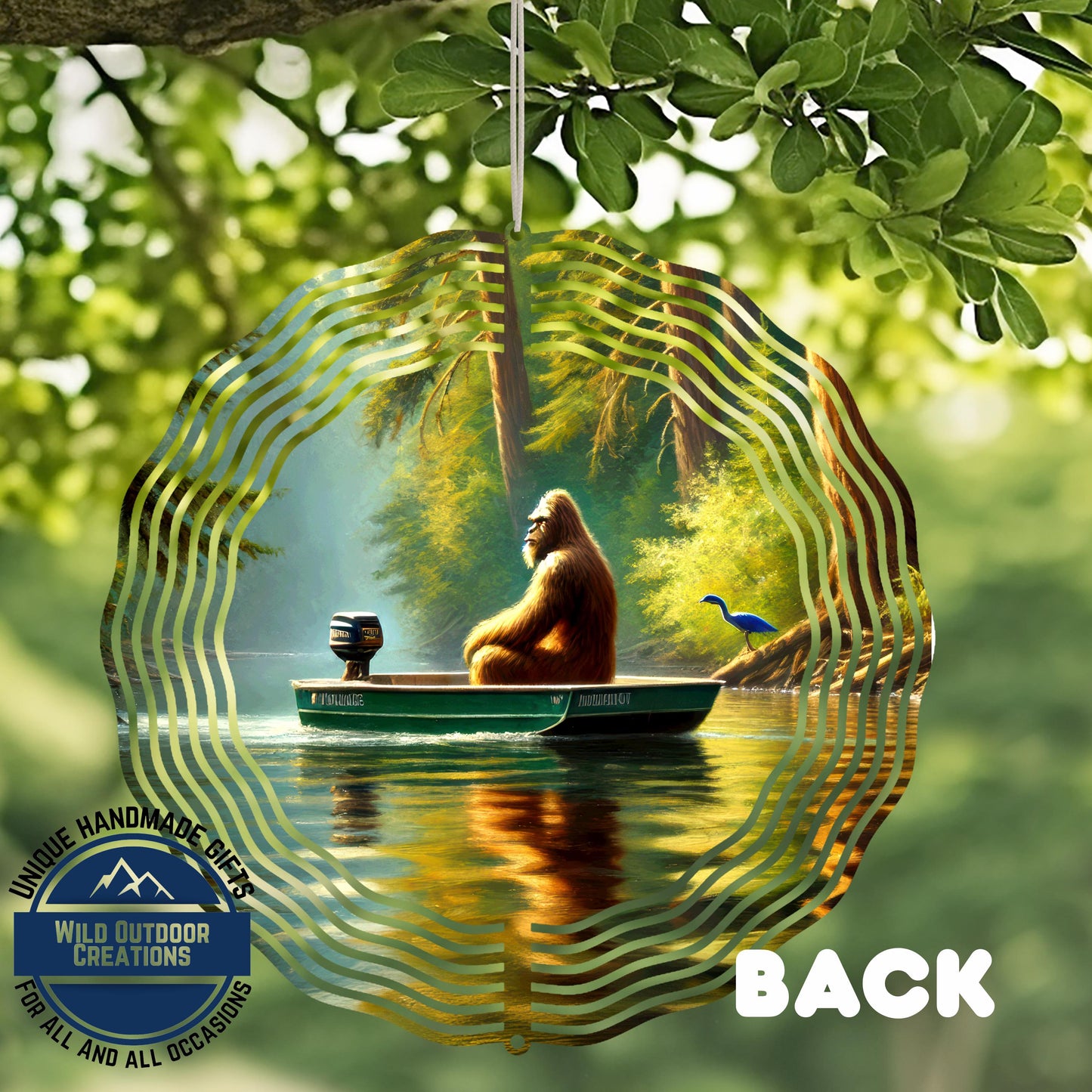 A large orangutan sits in a boat on a river, surrounded by lush greenery and a bird nearby.