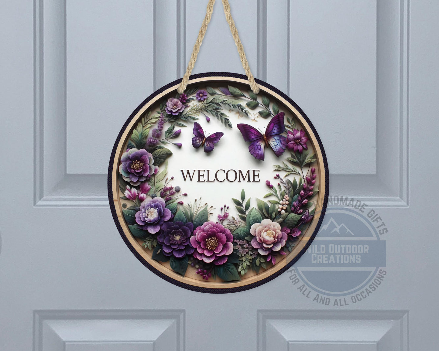 Welcome Door Hanger - Purple Floral Butterfly Porch Sign | Weather Resistant Aluminum