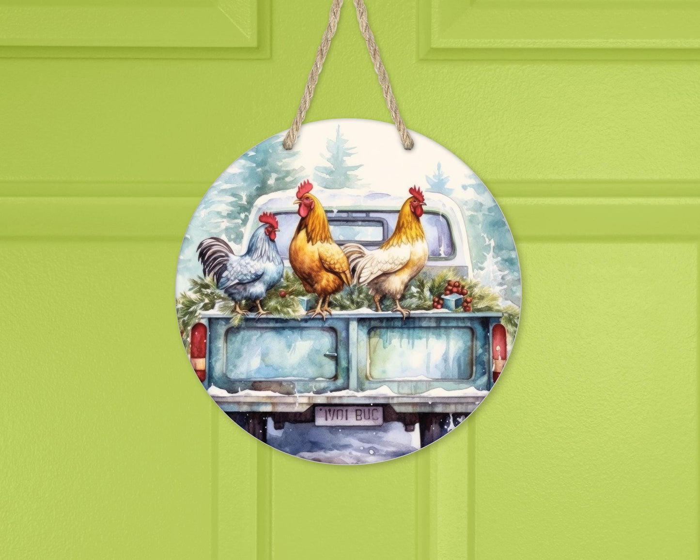 Colorful Farm Truck Door Wreath, Round Aluminum 10x10 Home Decor, Unique Gifts for Chicken Lover, Unique Wreath, Whimsical Decor, Farmhouse