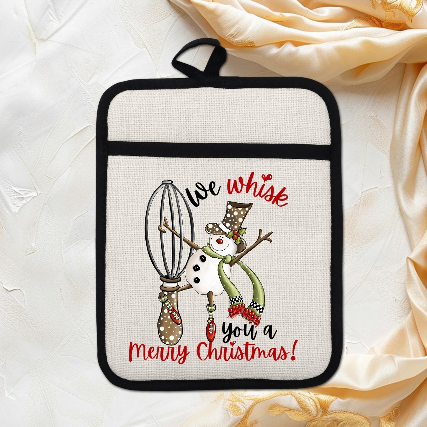 Funny Snowman Pot Holder with We Whisk You a Merry Christmas Quote - Linen Hot Pad for Holiday Kitchen Gift