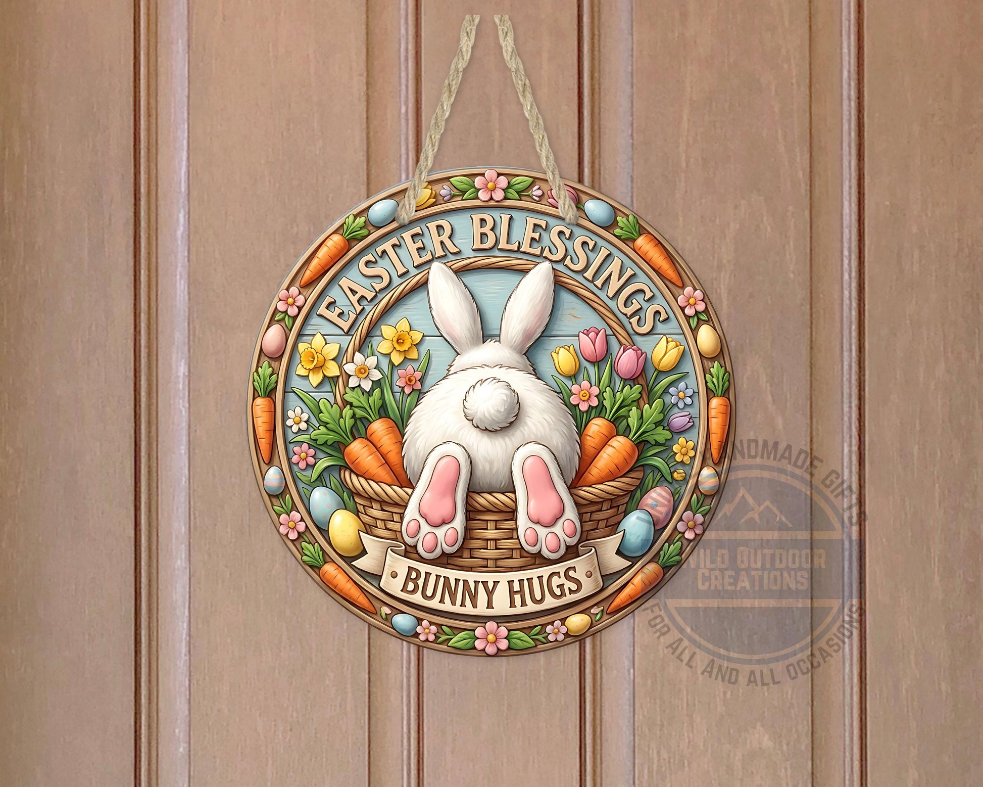 Easter Door Hanger - Round Aluminum Bunny Hugs Sign | Spring Porch Decor - packaging and presentation