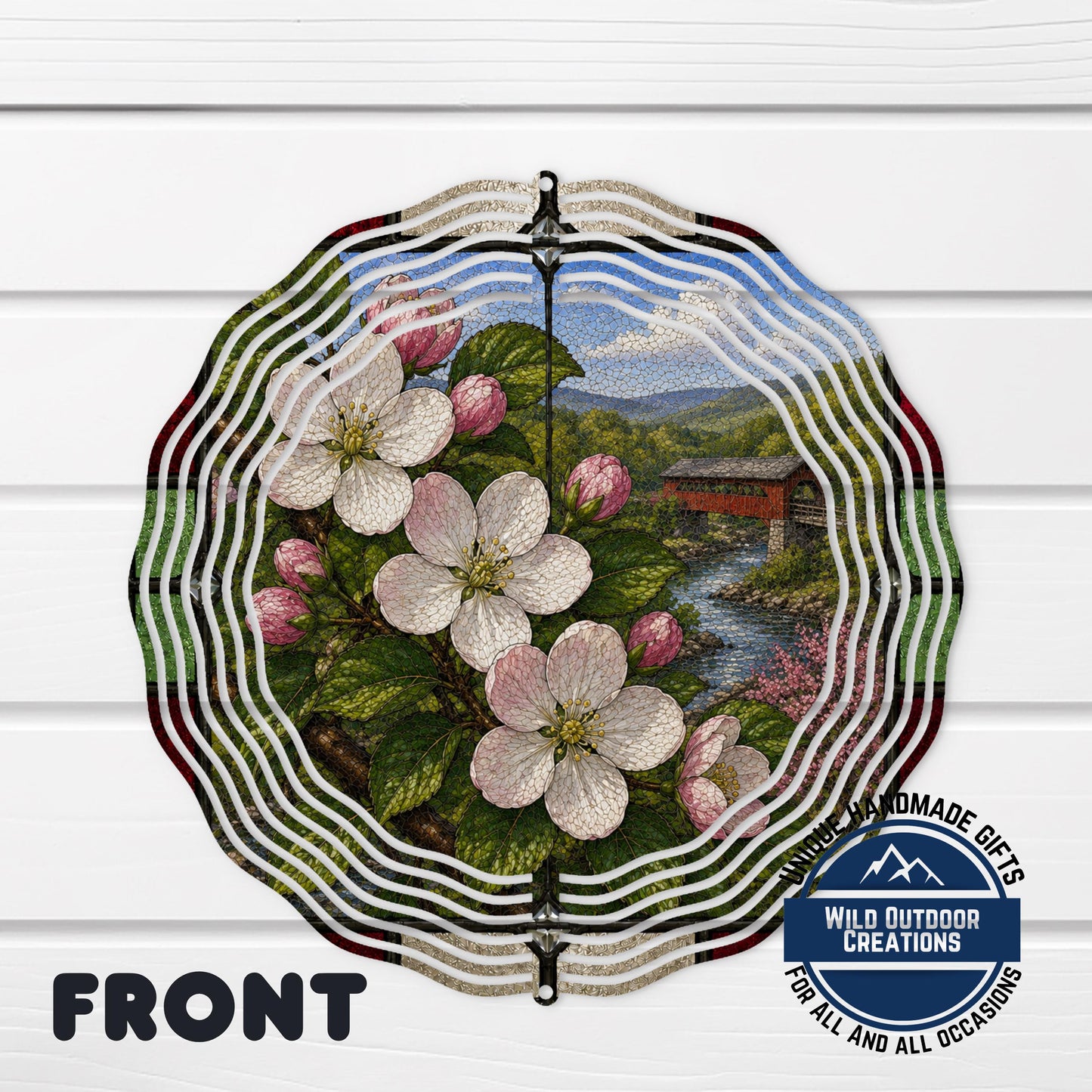 Apple Blossom Wind Spinner - Arkansas State Flower Stained Glass Style Outdoor Decor