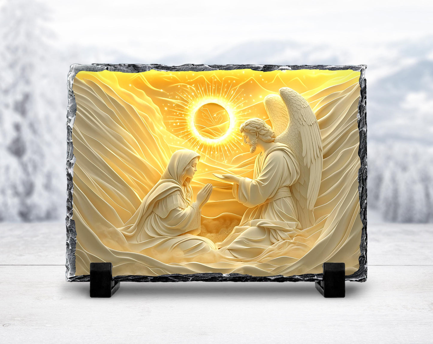 3D Mary with Angel Slate Plaque - Gold Sun Design Fractured Edges