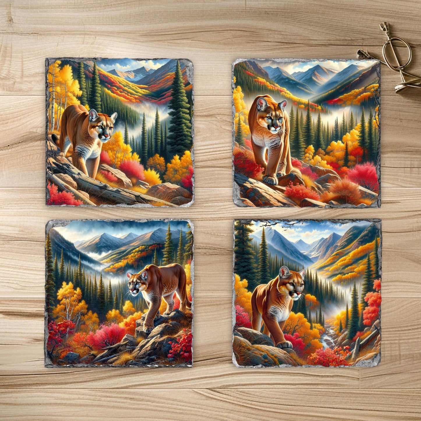Mountain Lion Slate Coaster Set - Fall Landscape Decor for Nature Lovers